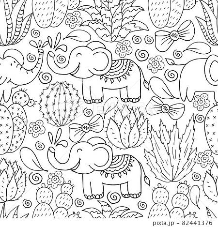 Seamless botanical illustration. Tropical pattern of different cacti, aloe 82441376