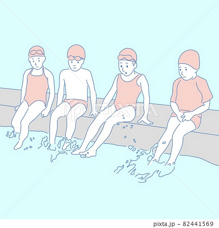 水泳教室でバタ足を習う子供たちのイラストのイラスト素材