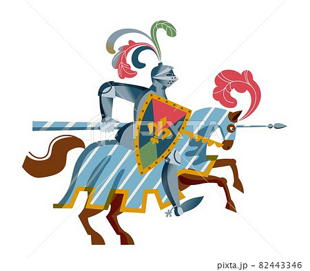 Medieval knight in armor on horse character. Warrior with spear and shield in Middle Ages period vector illustration. Chivalrous brave man with weapon in tournament isolated on white background Medieval knight in armor on horse character. Warrior with spear and shield in Middle Ages period vector illustration. Chivalrous brave man with weapon in tournament isolated on white background 82443346