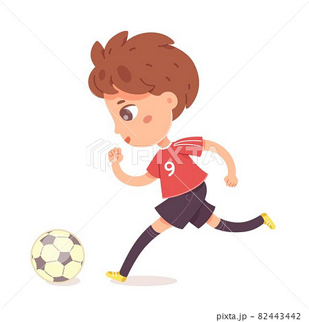 Boy running with ball at football practice. Happy little kid playing sport in uniform vector illustration. Smiling child runs with ball in front of foot on white background 82443442