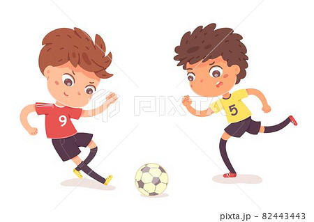 Boys playing football together. Two happy little kids playing sport in uniforms vector illustration. Smiling children kicking ball by foot between them on white background 82443443