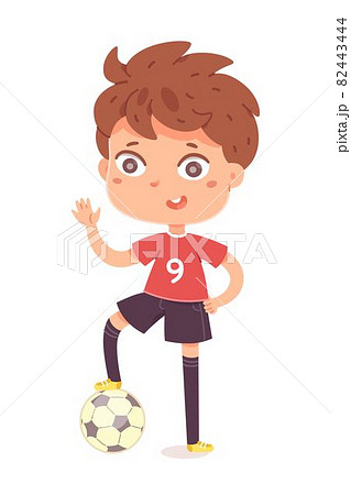 Boy standing and waving with ball under foot at football practice. Happy little kid playing sport in uniform vector illustration. Smiling child with ball on floor on white background 82443444