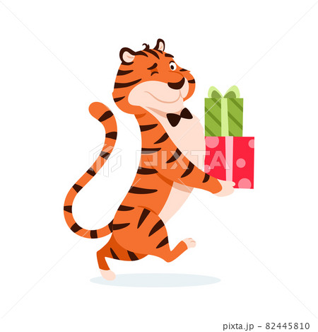 Cute cartoon tiger with Christmas presents isolated on white background. Adorable winking holiday orange striped wildcat. Smiling Chinese New Year 2022 symbol Xmas animal character vector illustration 82445810