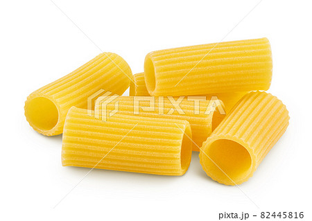 raw italian Rigatoni pasta isolated on white background with clipping path and full depth of field 82445816