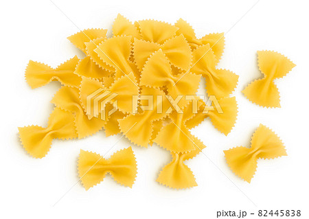 Bow tie pasta isolated on white background with clipping path and full depth of field. Top view. Flat lay. 82445838