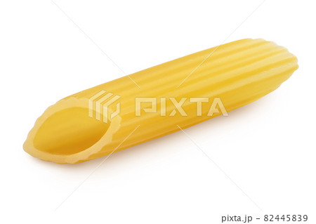 Raw italian penne rigate pasta isolated on white background with clipping path and full depth of field 82445839