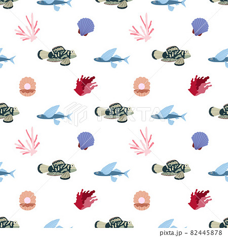 Sea animal seamless pattern with mandarin fish, flying fish, coral and seashell with pearl. Undersea world habitants print. Hand drawn underwater life vector illustration. Funny cartoon marine animals Sea animal seamless pattern with mandarin fish, flying fish, coral and seashell with pearl. Undersea world habitants print. Hand drawn underwater life vector illustration. Funny cartoon marine animals 82445878
