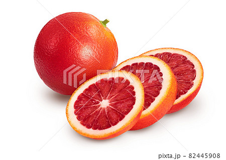 Blood red oranges with slices isolated on white background with clipping path and full depth of field 82445908