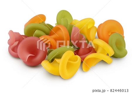 Raw colored pasta isolated on white background with clipping path and full depth of field Raw colored pasta isolated on white background with clipping path and full depth of field 82446013