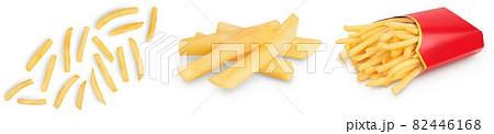 French fries or fried potatoes isolated on white background. Set or collection 82446168