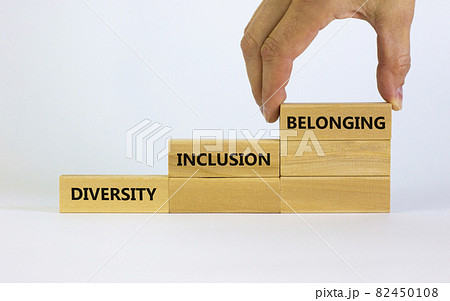 Diversity, inclusion and belonging symbol. Wooden blocks with words 'diversity, inclusion, belonging' on beautiful white background. Male hand. Diversity, business, inclusion and belonging concept. 82450108