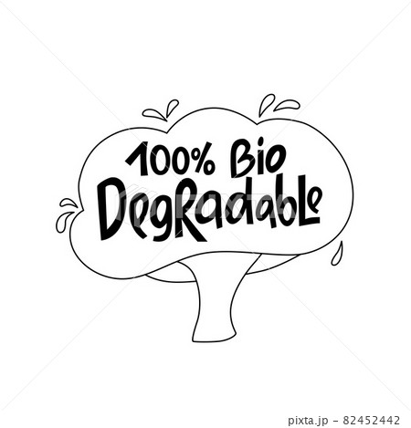 Biodegradable handwritten sign of eco friendly, natural and organic labels for print packaging compostable, sustainable products. Lettering stock illustration isolated on white background. EPS10 82452442