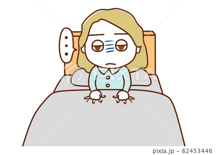 ＜正面＞目覚めても気分が悪く動けない白人女性 82453446