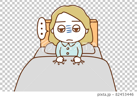 ＜正面＞目覚めても気分が悪く動けない白人女性 82453446