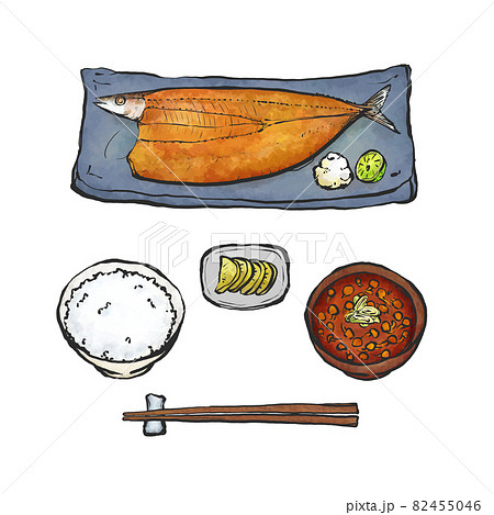 さんまの塩焼きの手描き筆絵風イラストのイラスト素材