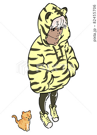 トラ柄パーカーを着た女の子とトラ猫 カラーのイラスト素材
