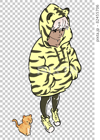 トラ柄パーカーを着た女の子とトラ猫 カラーのイラスト素材