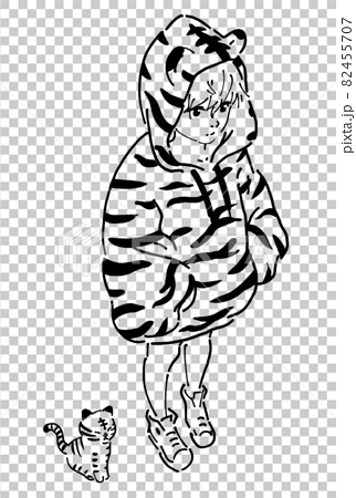トラ柄パーカーを着た女の子とトラ猫 線画のイラスト素材