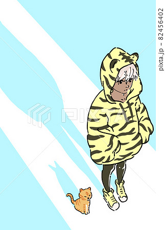 年賀テンプレートイラスト トラ柄パーカーを着た女の子とトラ猫のイラスト素材
