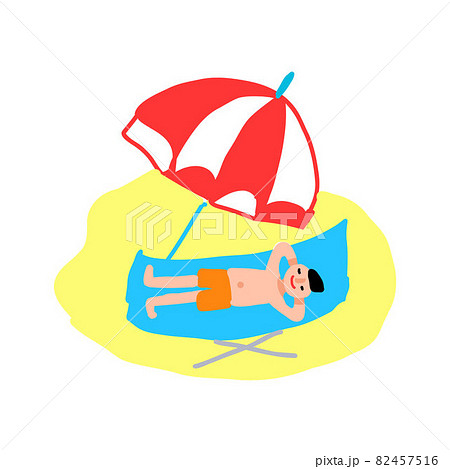 ビーチパラソルの下で寝ている水着姿の男性のイラスト素材