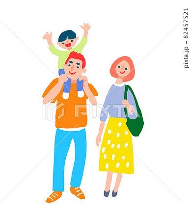 肩車しながら歩いている3人家族のイラスト素材