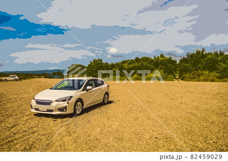 河原の砂利に停まっている白い自動車 河原の砂利に停まっている白い自動車 82459029