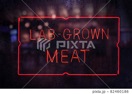 Lab-Grown Meat Sign in Rainy Shop Window Lab-Grown Meat Sign in Rainy Shop Window 82460186
