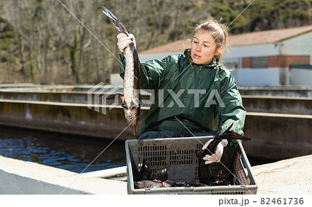 Proud female fish farm owner with sturgeons 82461736