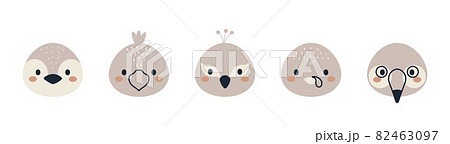 Set of cute bird heads in scandinavian style. Collection funny animals characters for kids cards, baby shower, birthday invitation, house interior. Bohemian childish vector illustration. 82463097