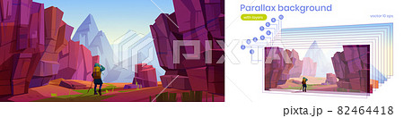 Parallax background with hiker walks in canyon 82464418