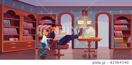 Son and father at home library. Son and busy dad 82464540