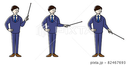 指示棒(指し棒)で三方向を指すビジネスマン (左利きver.) 82467693