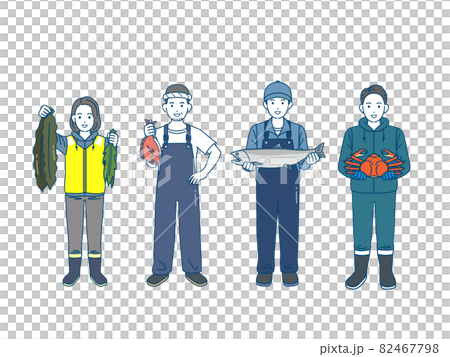 漁師　漁業　男女　水揚げ　魚　蟹　昆布　収穫　全身　イラスト素材 82467798