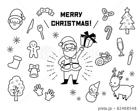 手描き 可愛いサンタクロースやトナカイのクリスマスイラストのセット モノクロのイラスト素材