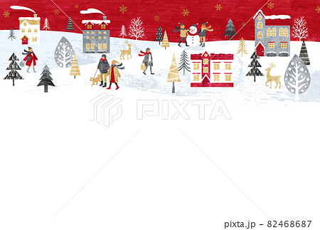 雪が降るクリスマスの街並みと人々のベクターイラスト背景のイラスト素材