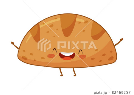 Bakery food cartoon character. Cute tasty pastry with funny smiling face vector illustration Bakery food cartoon character. Cute tasty pastry with funny smiling face vector illustration 82469257