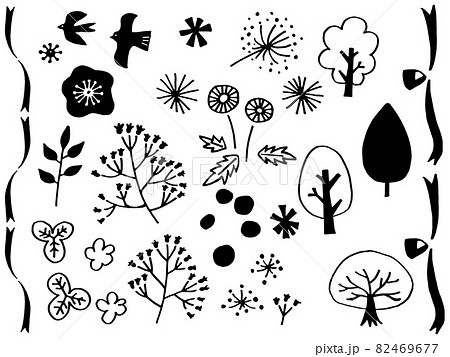 北欧系かわいい花と木と実の手書きラフセットのイラスト素材