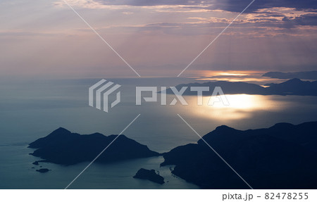 beautiful aerial panorama of mountains islands and sea at sunset 82478255