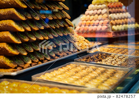 rows of Turkish delight sweets lined up in window 82478257