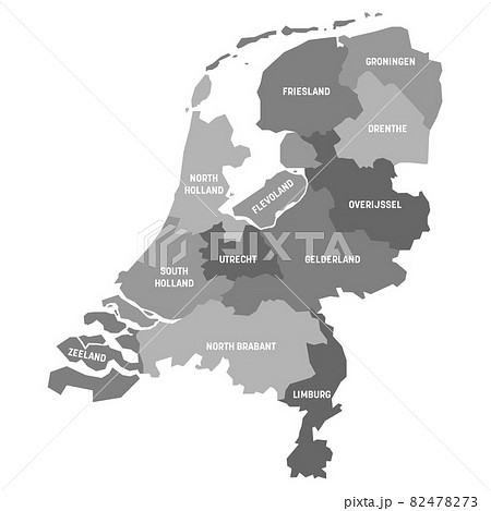 Gray political map of Netherlands. Administrative divisions - states. Simple flat vector map with labels. 82478273