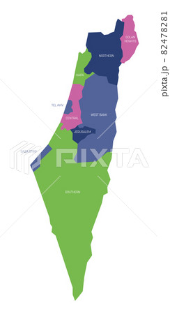 Colorful political map of Israel. Administrative divisions - districts and three special territories - Gaza Strip, West Bank and Golan Heights. Simple flat vector map with labels. Colorful political map of Israel. Administrative divisions - districts and three special territories - Gaza Strip, West Bank and Golan Heights. Simple flat vector map with labels. 82478281