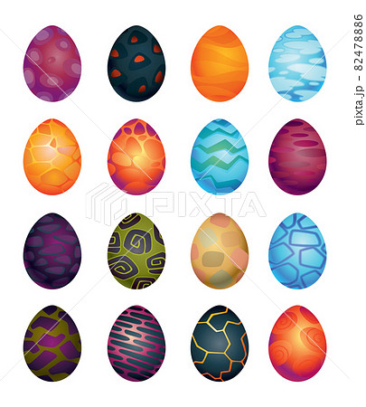 Dragon dinosaur eggs set with different pattern. Dino cartoon egg-shell. Whole painted egg icon. Vector spotted glossy egg-shaped of bird or animal 82478886