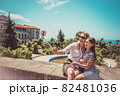 Happy family mother and her adorable little daughter on summer vacation taking selfie with smartphone 82481036