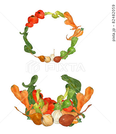 ふぞろい野菜のイラストセット リース 手描き 透明水彩 のイラスト素材 4059
