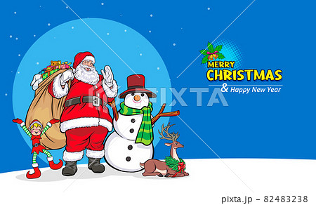 Santa Claus with snowman deer elf merry christmas banner Santa Claus with snowman deer elf merry christmas banner 82483238