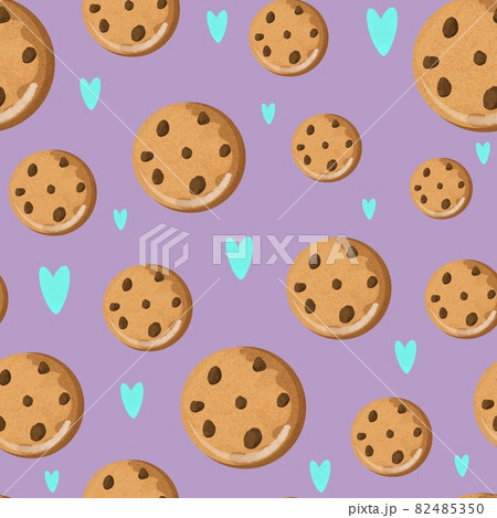 seamless pattern with oatmeal cookies and hearts on a fiolet background seamless pattern with oatmeal cookies and hearts on a fiolet background 82485350