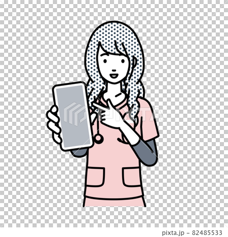 立ってスマートフォンを指差してこちらに向けて見せている看護師の女性 82485533
