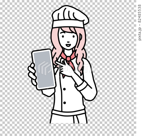 立ってスマートフォンを指差してこちらに向けて見せている調理師の女性 82485538