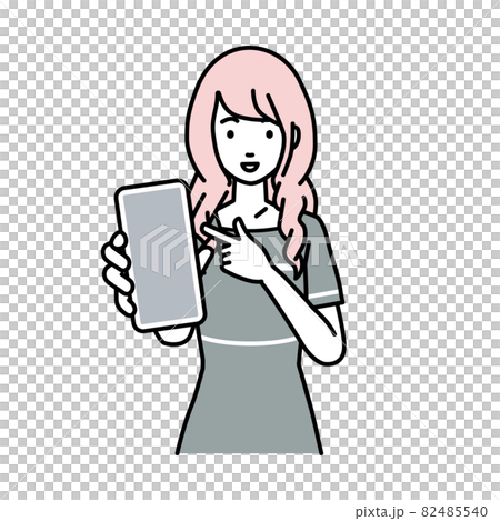 立ってスマートフォンを指差してこちらに向けて見せているエステ店員の女性 82485540