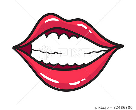 Comic female red lips sticker. Women mouth with lipstick in vintage comic style. Smile pop art retro illustration 82486300